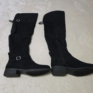 Sun+Stone 8M Anyaa Faux Leather/Suede Over Knee Boots Black Stretch Back Seam